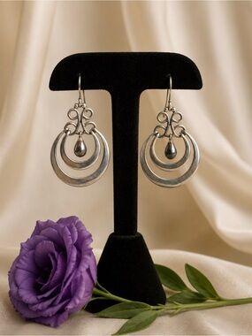 Earrings 925 Solid Sterling Silver Double-Hoop Teardrop Dangle  11 grams